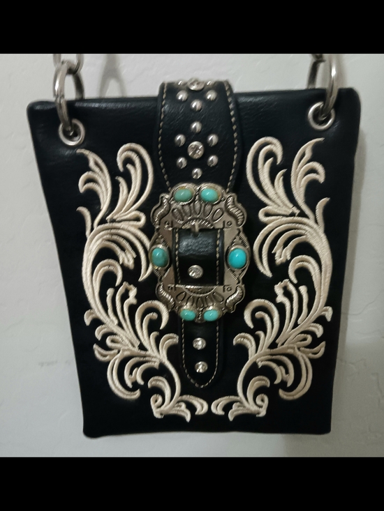 None Handbags - Black Crossbody Bag with Cream Embroidery and Turquoise Accents